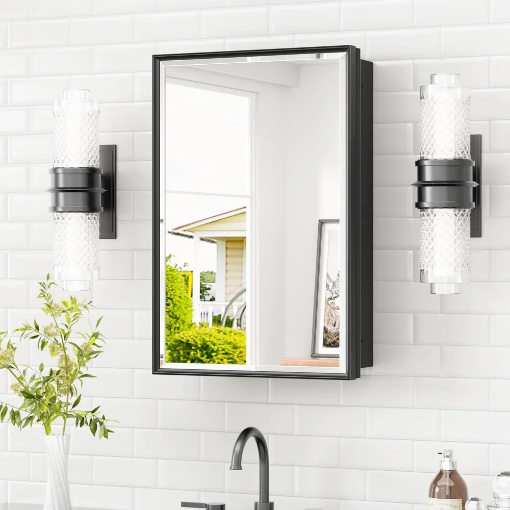 Black Aluminum Medicine Cabinet Mirror 16x24 with Beveled Glass Adjustable Shelves Wall Mount or Recess