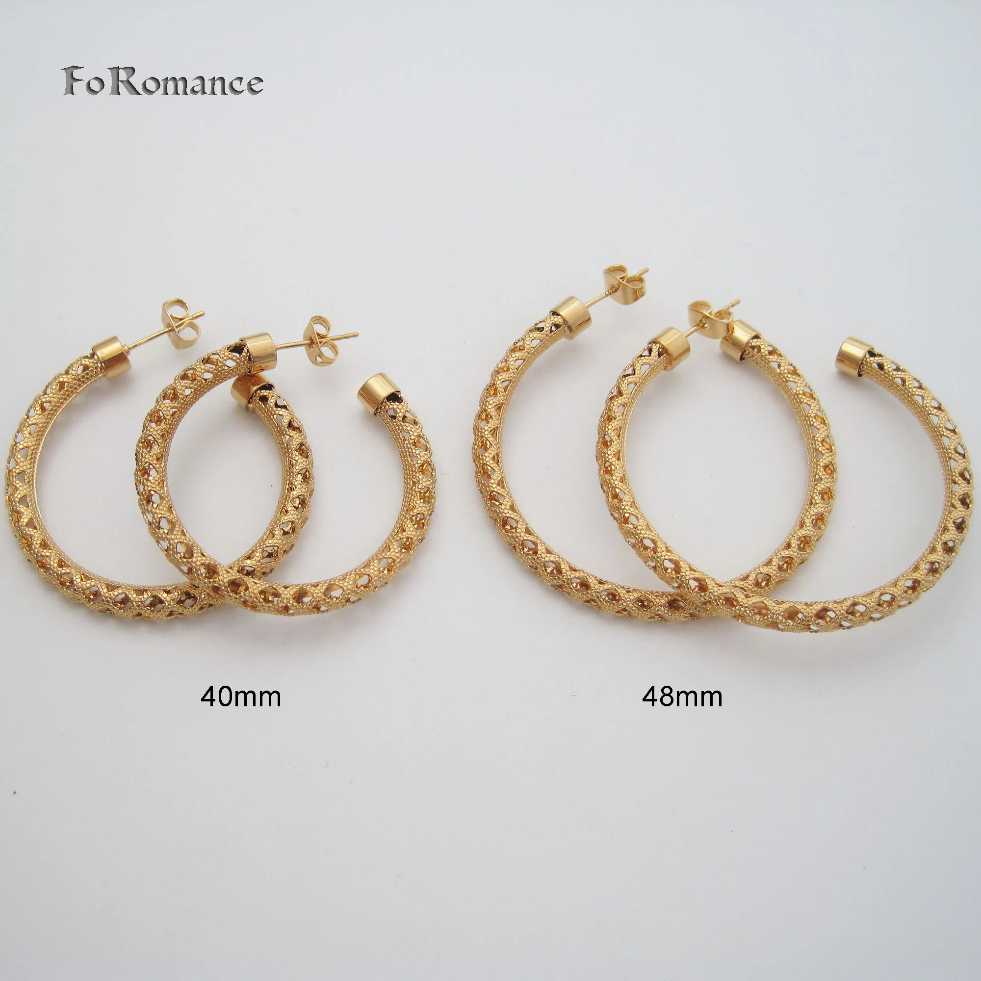 2 SIZES YELLOW GOLD PLATED SNAKE SKIN PATTERN HOLLOW BAND WIDTH 4MM STUD HOOP 40MM 48MM EARRING GREAT GIFT