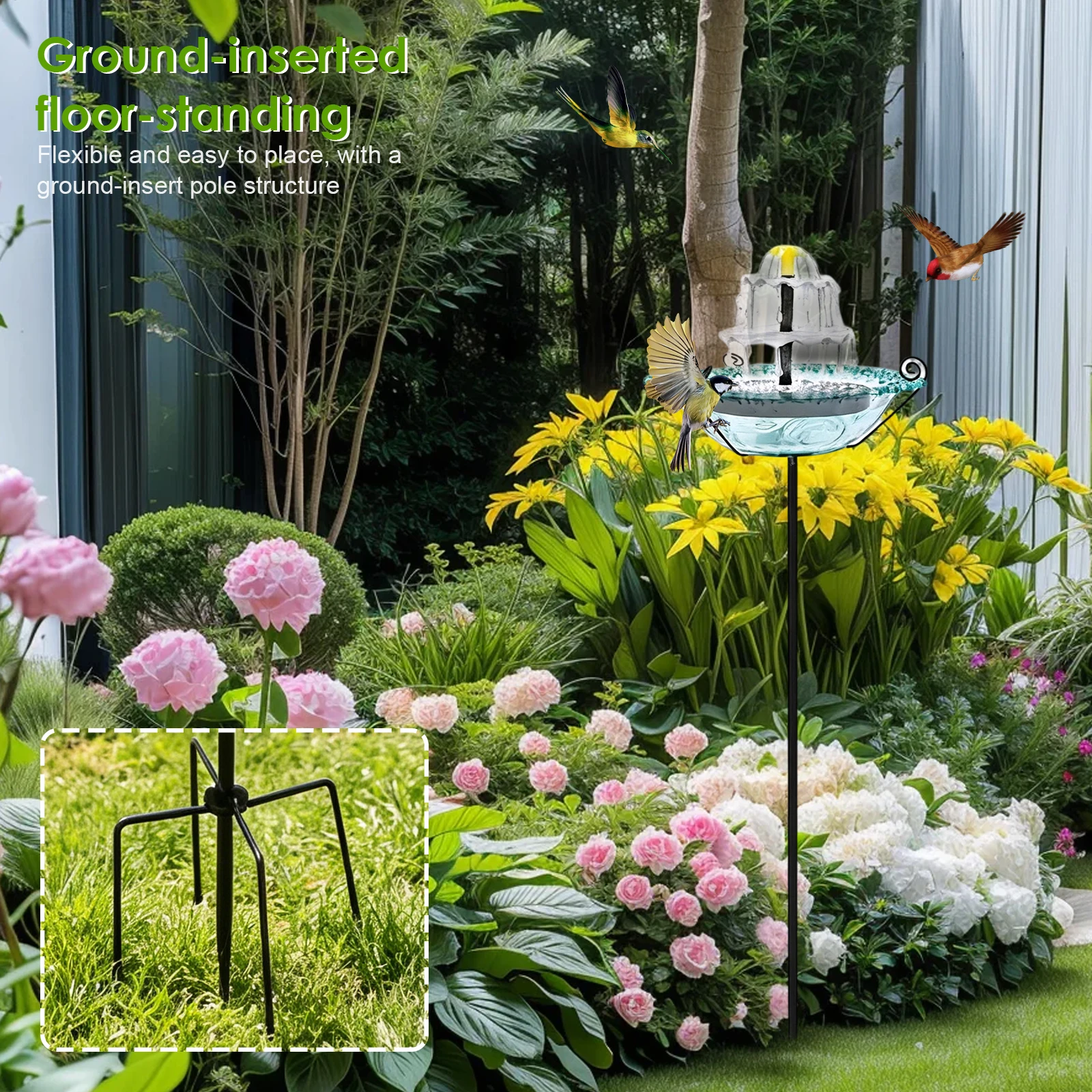 Bird Drinking Station with Solar Fountain Bird Bath Waterer Hummingbird Watering Container Garden Accent for Yard and Patio