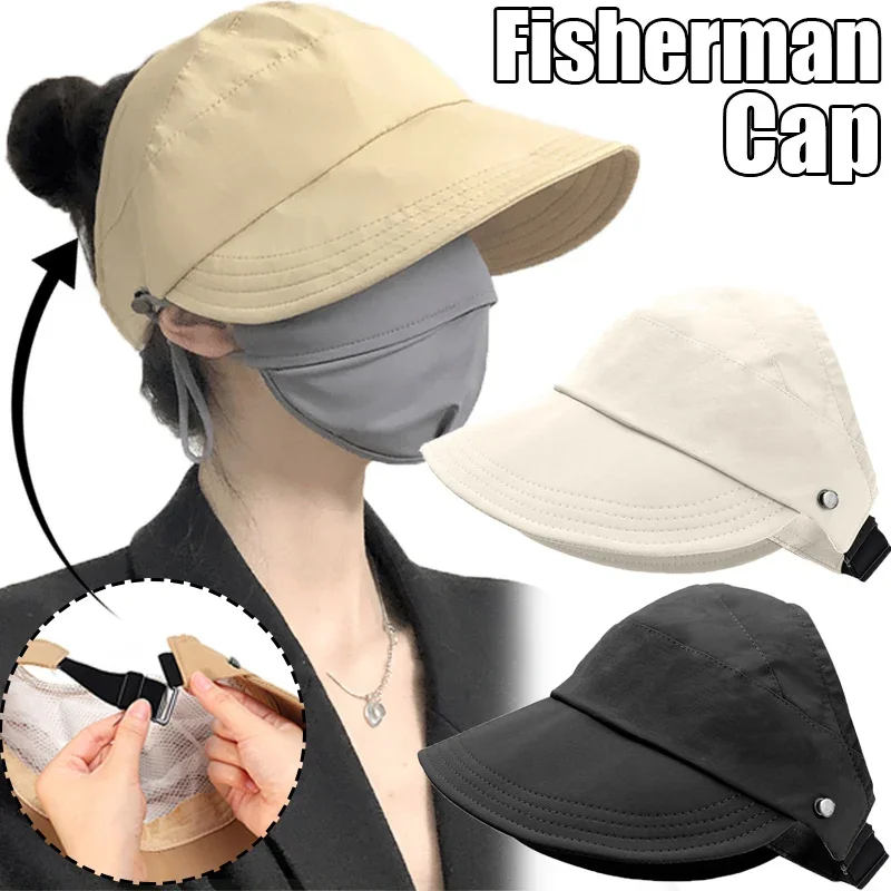 Adjustable Wide Brim Sunhat Women Summer Outdoor Beach Sun Visors Ponytail Fisherman Caps Drawstring Hollowed out Bucket Hats