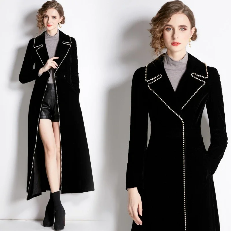 

2024 New French style Autumn Winter Thicken Black Beaded Velvet Trenches Coats jacket Women Long manners Windbreakers Overcoats