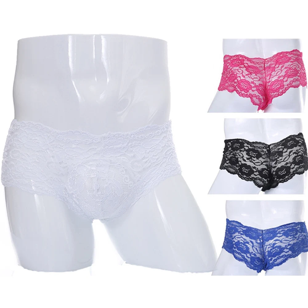 Sexy Men\'s Lace Transparent Panties Briefs Lingerie Shorts Nightclub Stage Underwear Pump Man Bulge Pouch Briefs