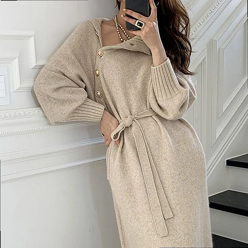 Knit Dress with Tie Waist, Knit Dresses High Neck Long Sweater Dress Loose Slim Fit Casual Spring Summer