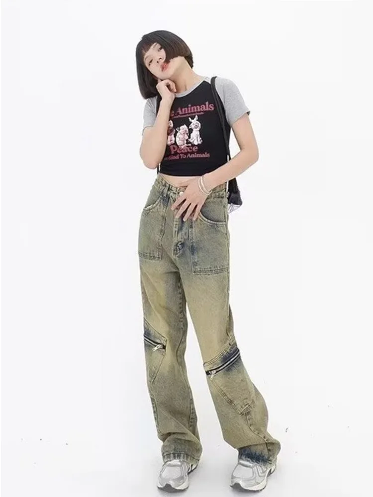 

Vintage Street Deconstructed Design Sense Jeans Yellow Mud Dyed Old Vintage Straight Tube Loose Wide Leg Pants Women's Jeans