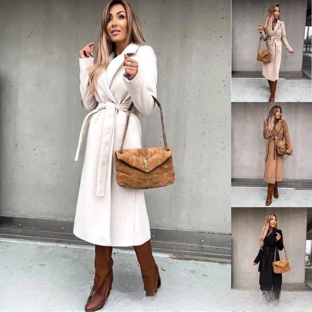 Long Woolen Coat Women's V-neck Belted Outerwear Spring Autumn Fashionable Simple Style City Style Medium Thickness