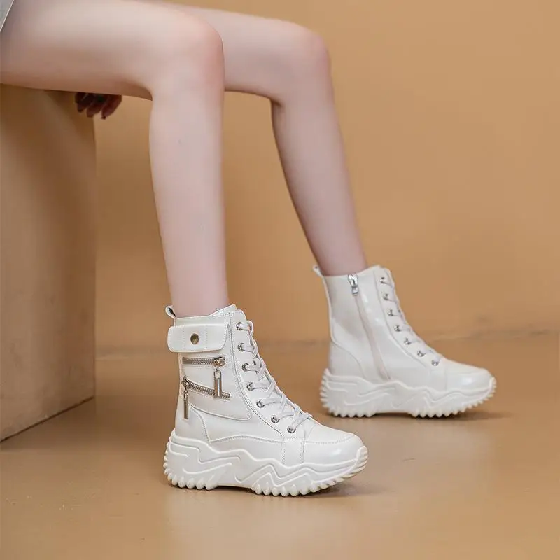 

Casual High Top Thick Heel Leather Shoes Fashion Cross Strap Cotton Inner Heightening Casual round Toe Waterproof Platform