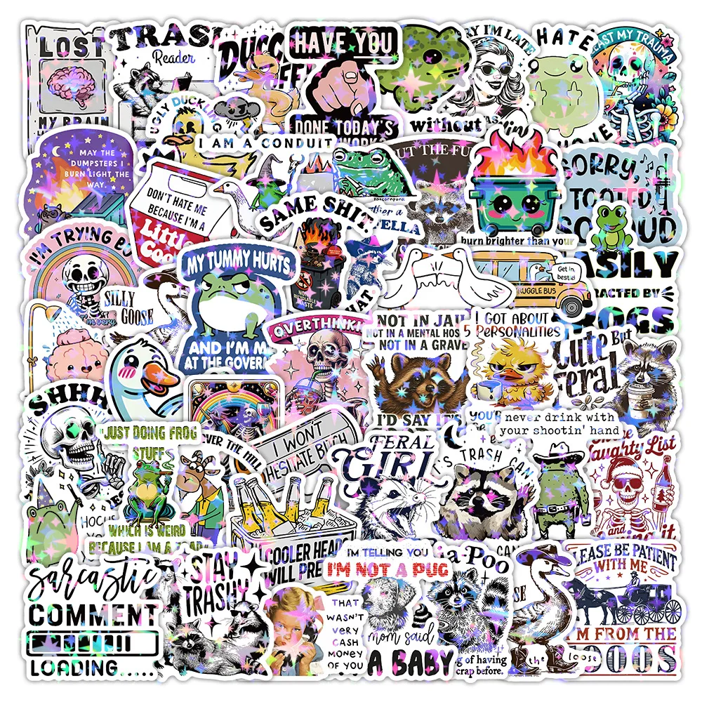 50/100PCS Holographic Funny Animal Quote Stickers, Student Stationery Notebook English Sarcasm Doodle Waterproof Decor Stickers
