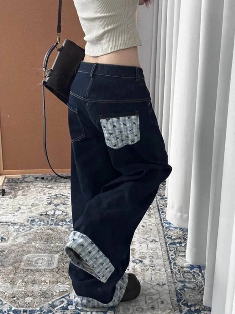 

Y2k мешковатые джинсы с вышивкой, женские винтажные клетчатые лоскутные джинсовые брюки в стиле Харадзюку, корейские милые джинсы большого размера, Cutecore