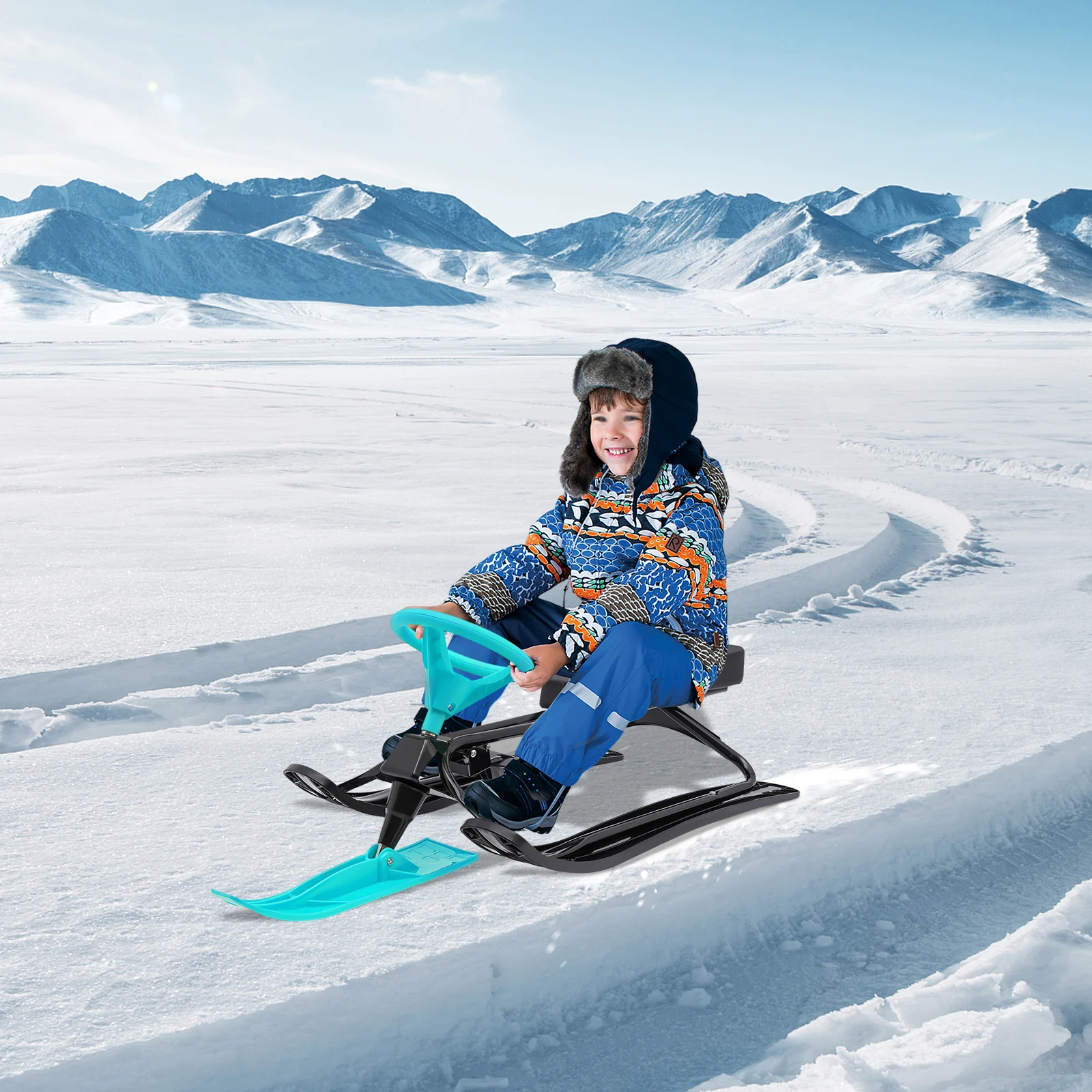 

Kids Skis Snowmobiles Snow Racer Sled with Steering Wheel Brake Anti-slip Pedals Grass Sand Skiing Winter Outdoor Entertainment
