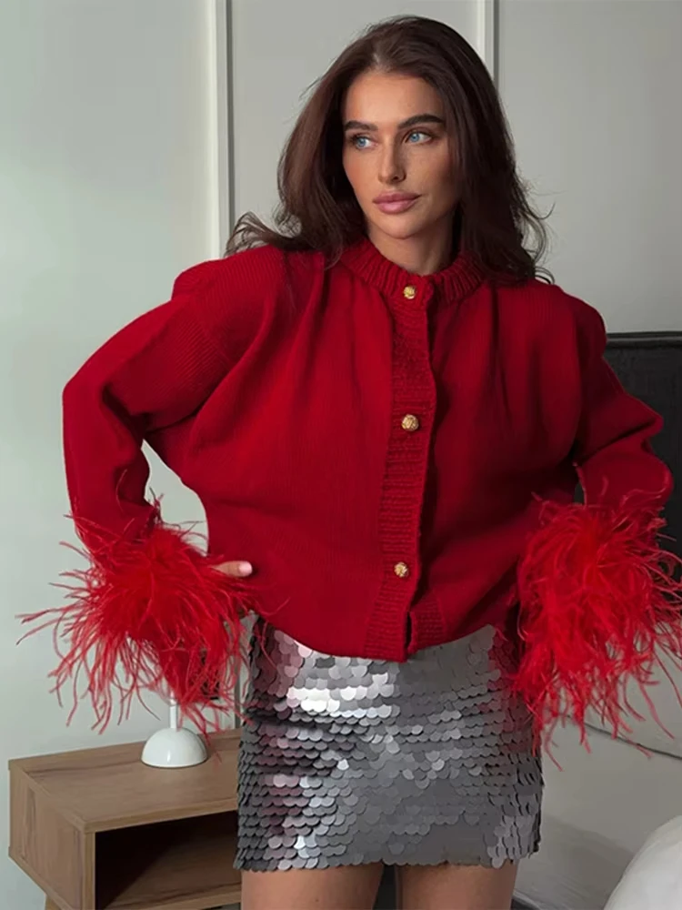 

Повседневный вязаный кардиган с перьями, женский свободный однобортный лоскутный свитер с длинными рукавами, осень 202, женский уличный трикотаж