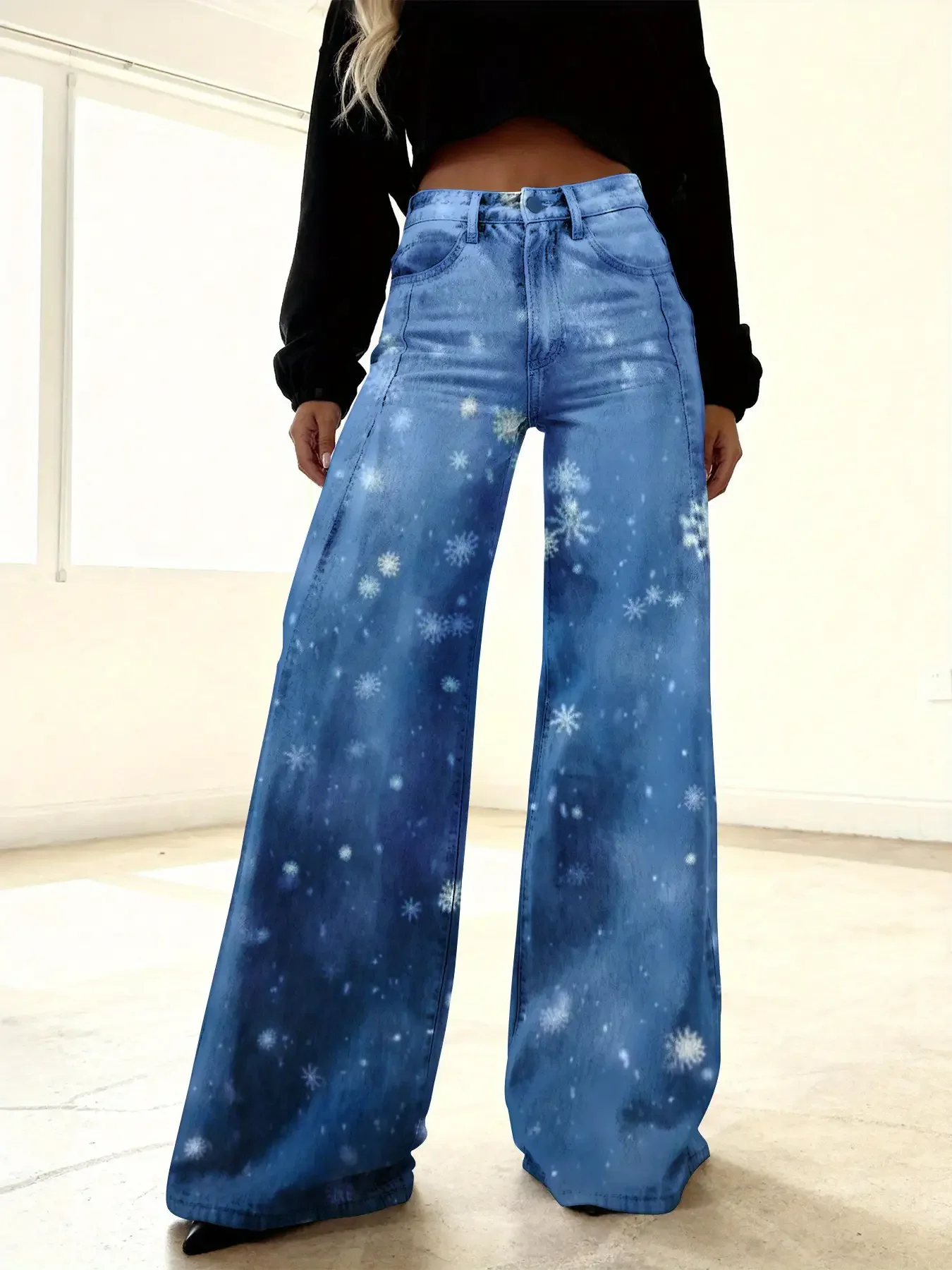 2026 Women's new casual jeans with a variety of colorful western prints, Featuring 3D Christmas snowman and candy cane print