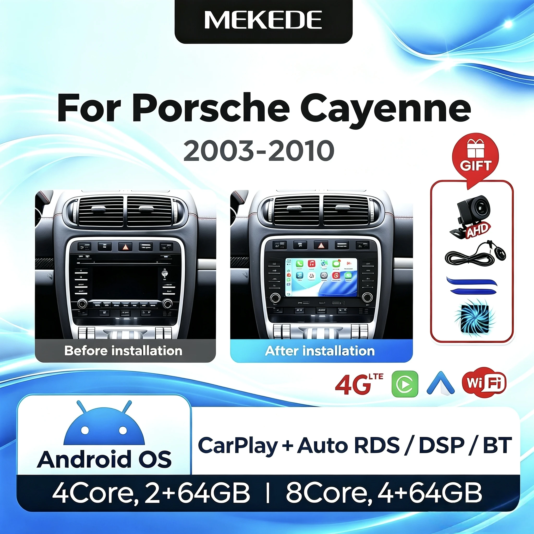 MEKEDE EU-Lager Porsche Cayenne 2005-2013 8-Kern 2+64GB 4+64GB Kabelloses Carplay Android Auto Autoradio Android 15 Auto-Multimedia-Player 2din Autoradio Stereo GPS-Navigation BT 4G LTE WIFI RDS FM
