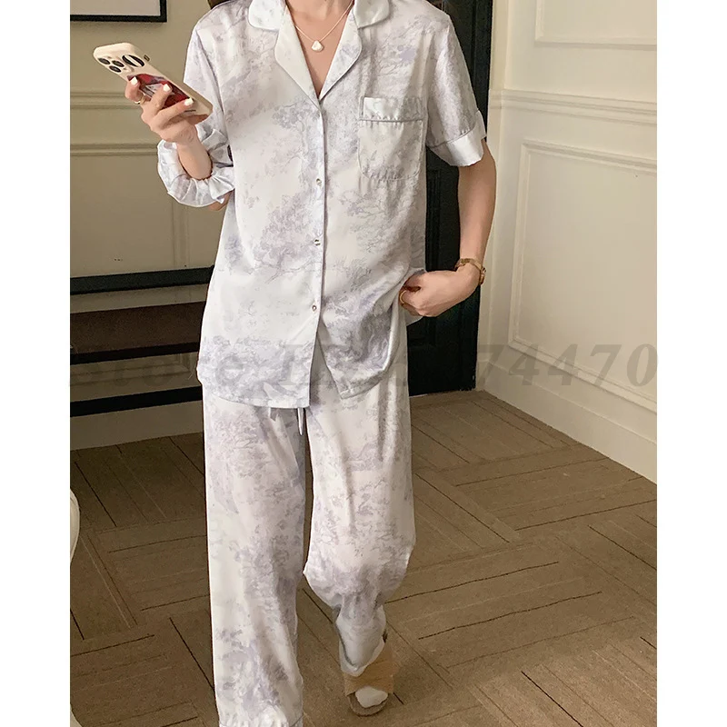 Female Sleepwear Long Sleeve Pajamas Trouser Suits Sexy Silky Satin Nightwear 2PCS Pyjamas Loungewear Loose Casual Home Clothes