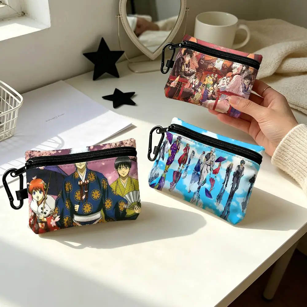 G-GINTAMA Cartoon Portable Oxford Fabric Mini Wallet Carabiner Design Small Coin Bag For Cards Keys Earphones