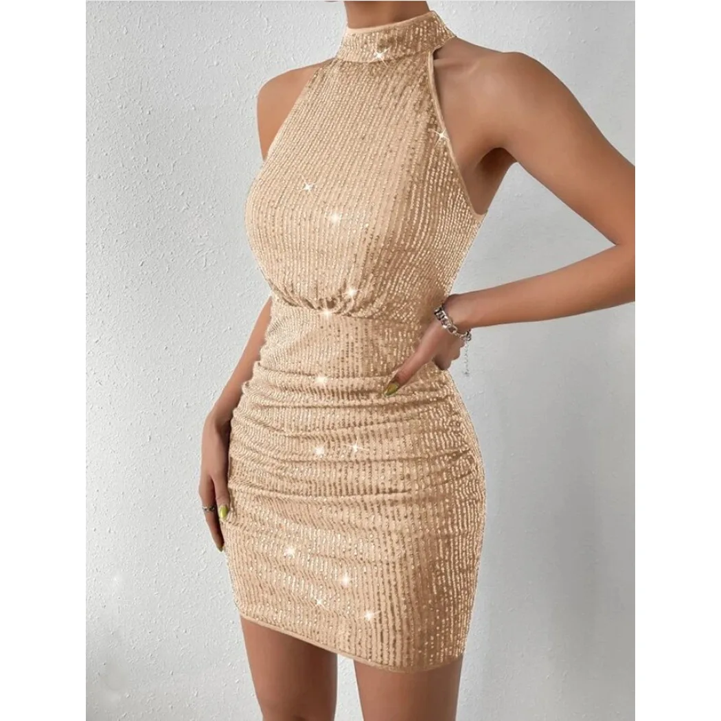 

2024 Women's Sequin Sparkly Halter Neck Sleeveless Ruched Bodycon Party Mini Dress Sexy Dress