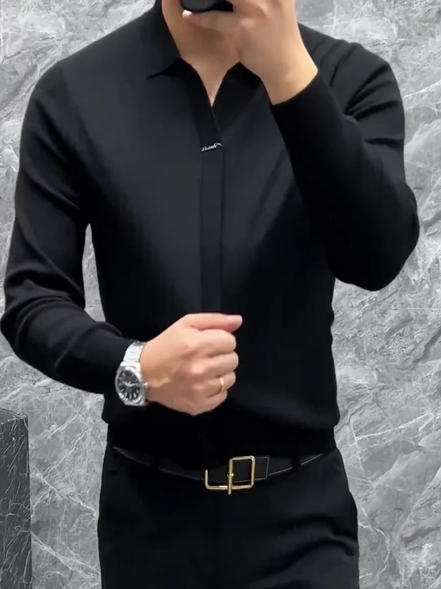 

Модный вязаный мужской базовый топ на осень-зиму, новый простой облегающий крой, удобный модный топ с отложным воротником