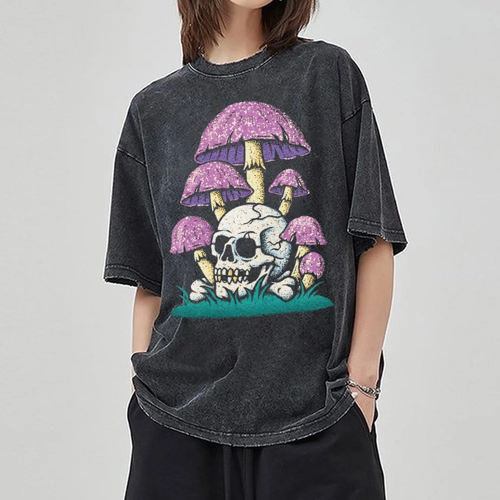 

Skull Mushroom Print Fashion Street Women T-Shirt Loose Crew Neck Wash Denim Unisex Short Sleeve American Vintage Hip Hop Top