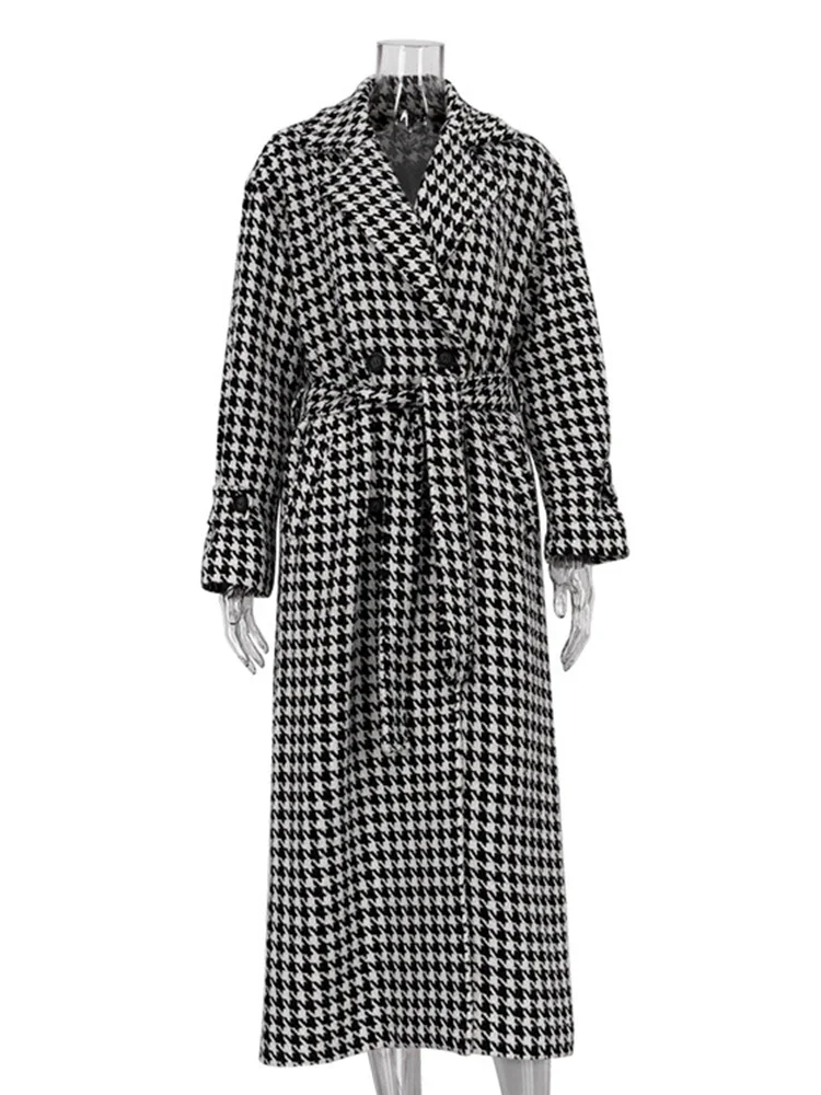 2024 Autumn Winter Women Loose Plaid Woolen Coat Houndstooth Lapel Long Sleeve Classic Warm Overcoat