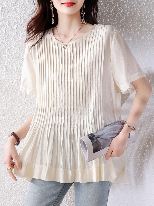 Dames ort Sve T-shirt rond Ne geplooide zoom Dunne irt-top Koreaanse Sle Loose Fit Normaal dunne pure kleur