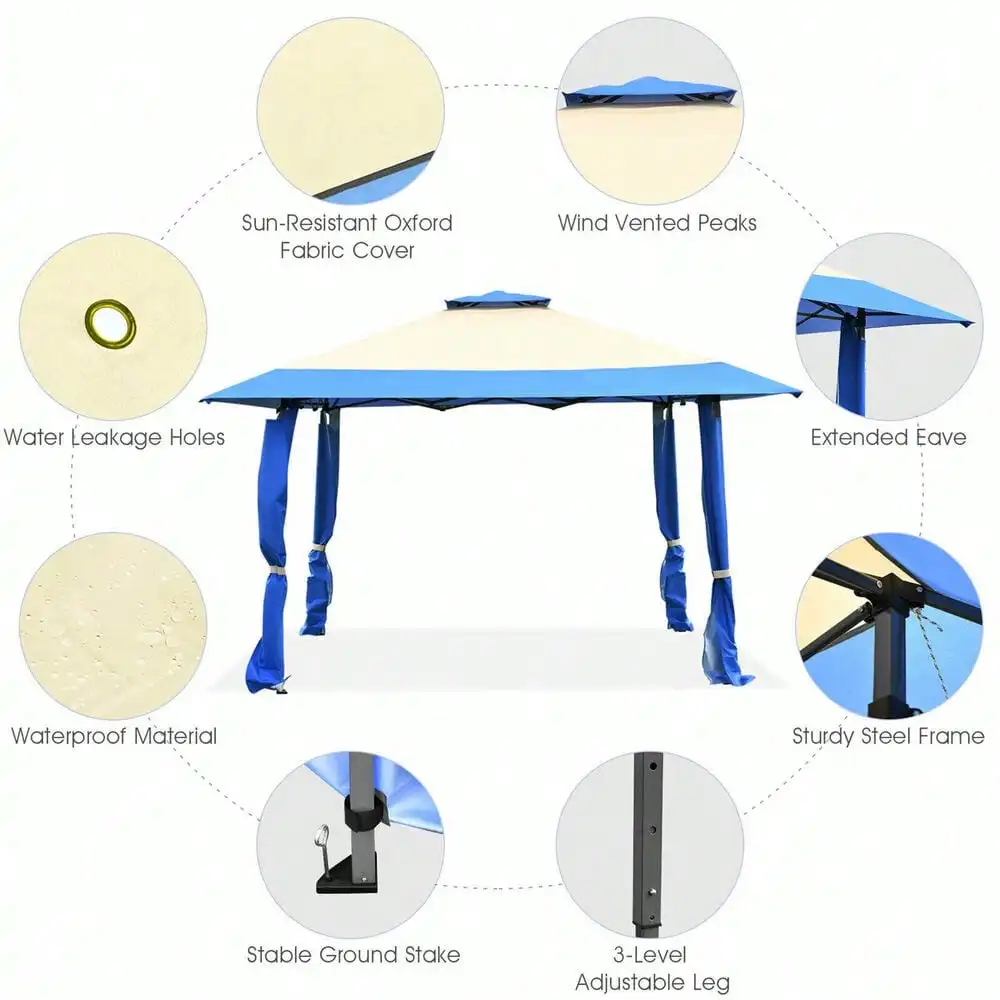 Gazebo pop-up pliable pour patio, tente à baldaquin, abri extérieur, ombre bleue, 13' x 13'
