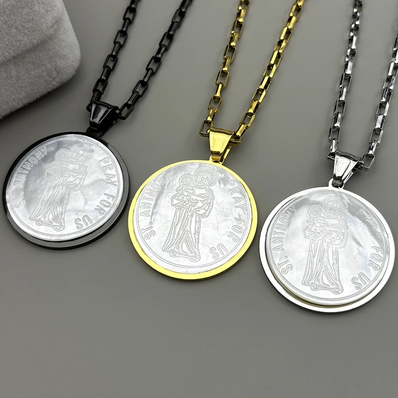 يسوع سانت أنتوني الصلاة لنا قلادة قلادة للنساء الرجال الفولاذ المقاوم للصدأ الذهب اللون قذيفة الدين ميدالية سلسلة مجوهرات #3