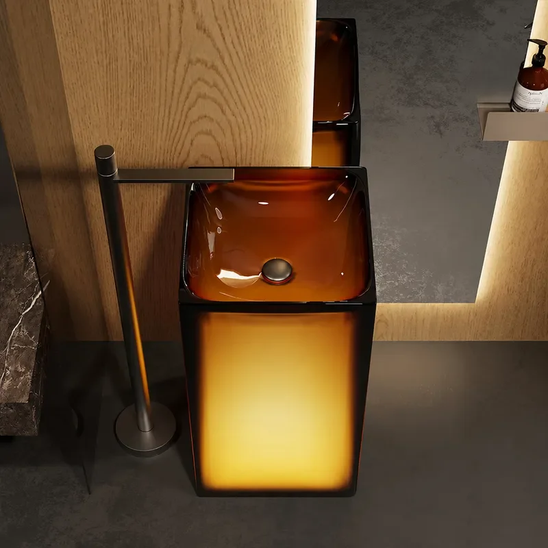 Square Column Resin Basin Artificial Stone Transparent Washbasin Integrated Pillar Sink for Hotel Bathroom Homestay