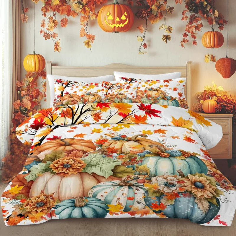 

Thanksgiving Christmas 3-Piece Colorful Pumpkin Maple Leaf Pattern Warm Extra Large Duvet Cover