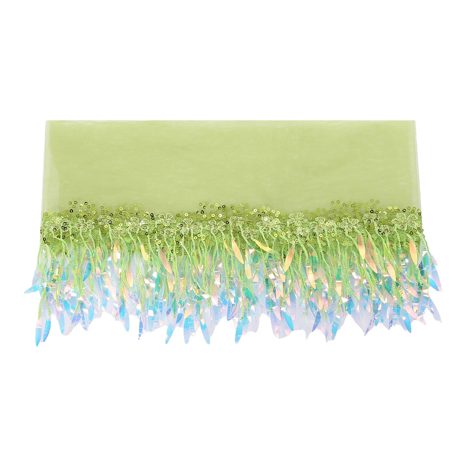 Women Belly Dance Hip Scarf Willow Leaf Shaped Sequin Tassel Patchwork Mesh Lace-up Waist Chain Skirt Oriental Dance Costume