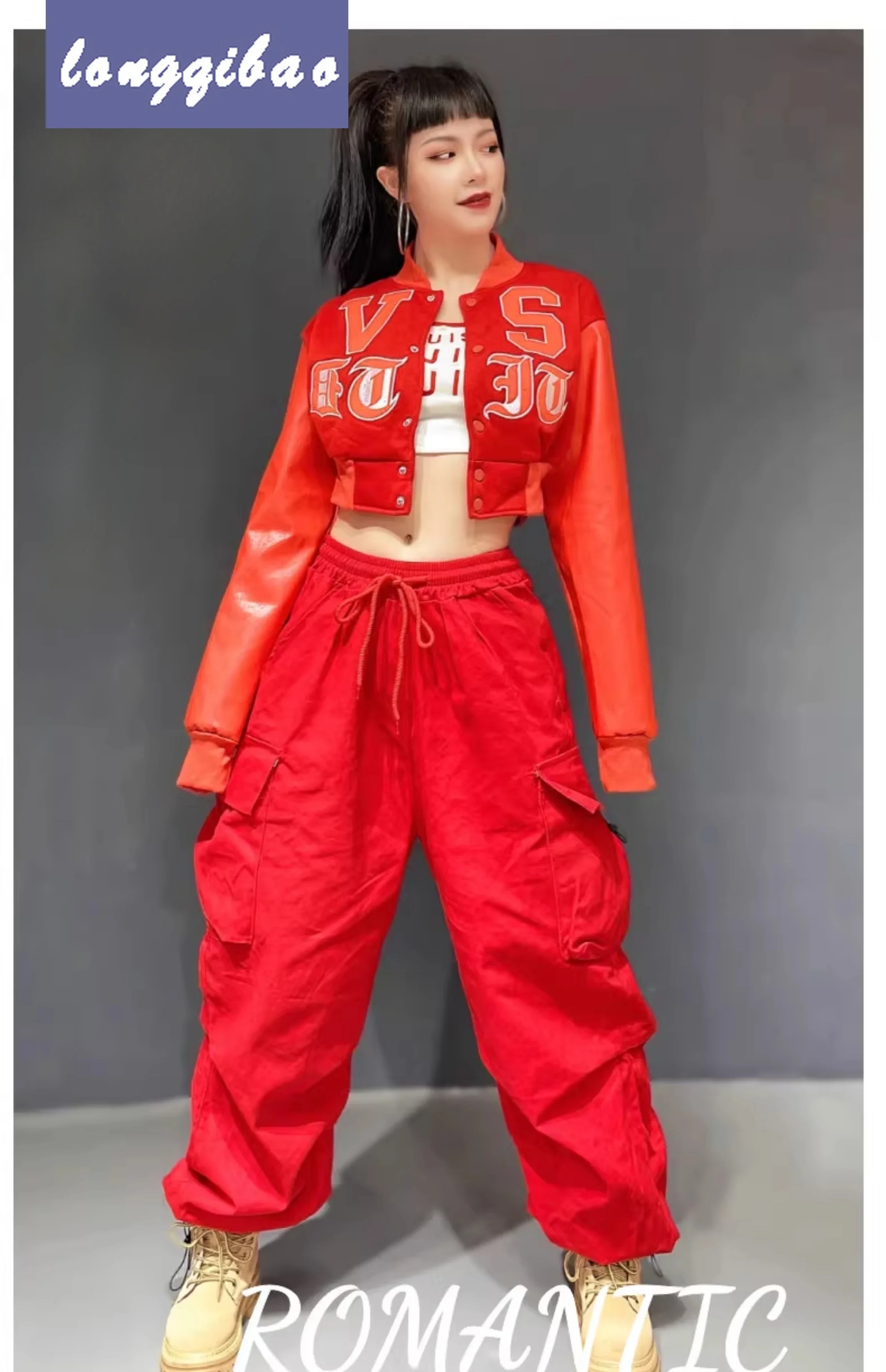 China-Chic loose red overalls female kpop dance jazz dance suit American hip-hop hip-hop hip-hop