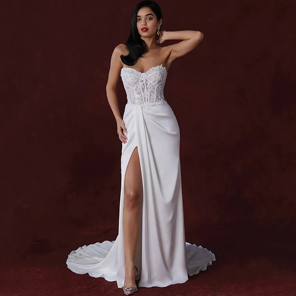 

Sexy High Side Slit Strapless Wedding Dress Classic Applique Pleat Sleeveless Mermaid Bridal Floor Length Backlesss Gowns