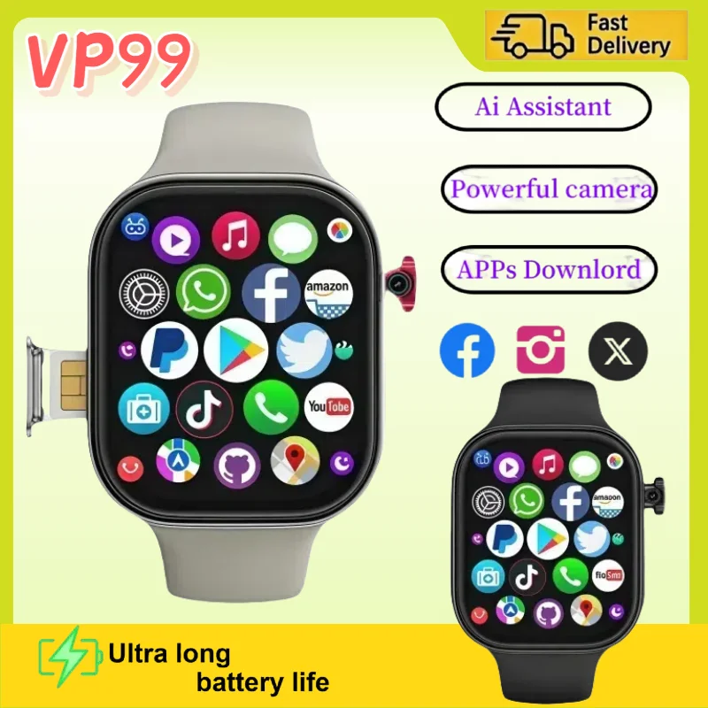 

VP99 Новые 2,29-дюймовые 4G Android-умные часы AMOLED-экран 180 ° Вращающаяся камера, слот для SIM-карты, умный голос, GPS, WIFI, магазин воспроизведения