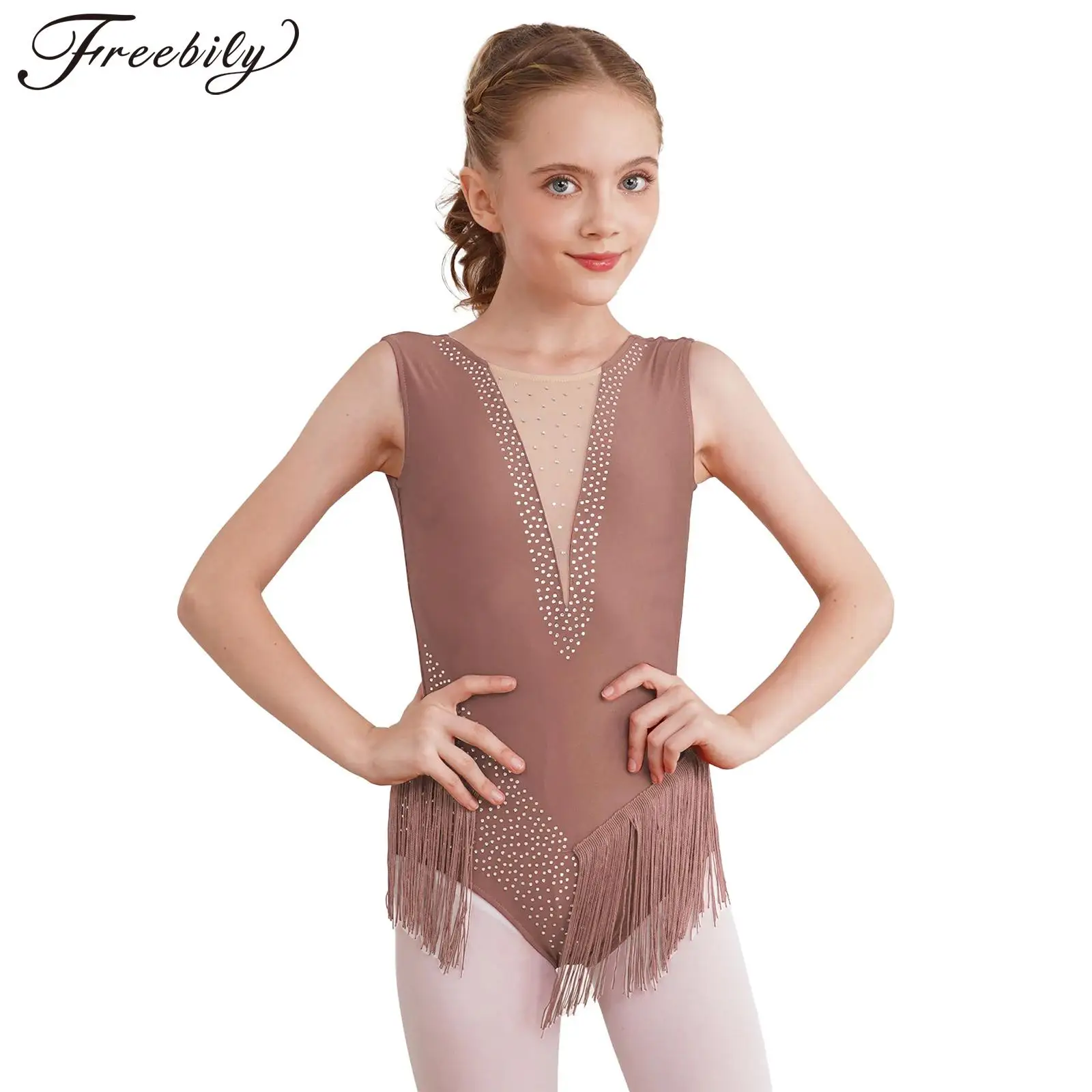 Kids Girls Shiny Tassel Ballet Latin Dance Leotard Figure Skating Bodysuit Children's Fringed Rhythmic Gymnastics Jumpsuit