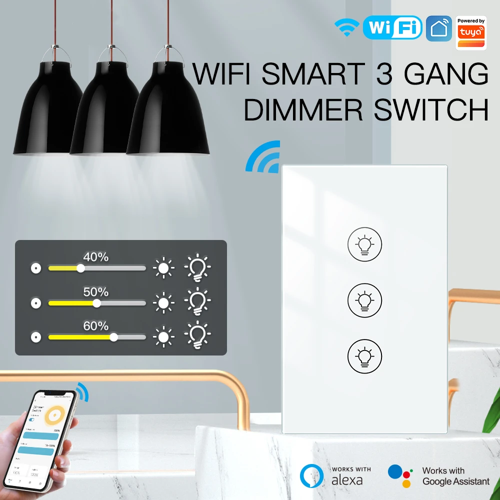 US WiFi Smart Dimmers Switch 1/2/3 Gang Touch Switch LED Light Brightness Wireless Control Tuya APP Voice for Alexa Google