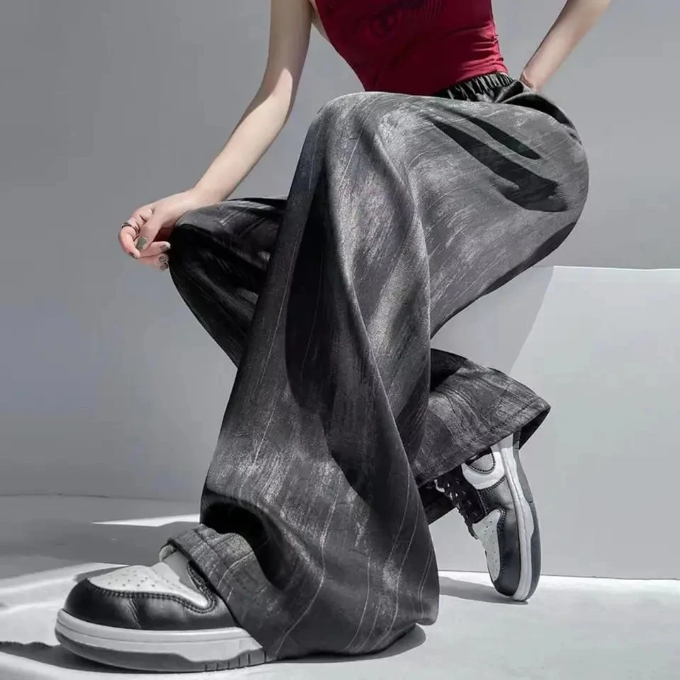 

High Waist Loose Straight Pants New Chinese Style Satin Wide Leg Pants Spring Summer Trousers Drawstring Wide Leg Trousers
