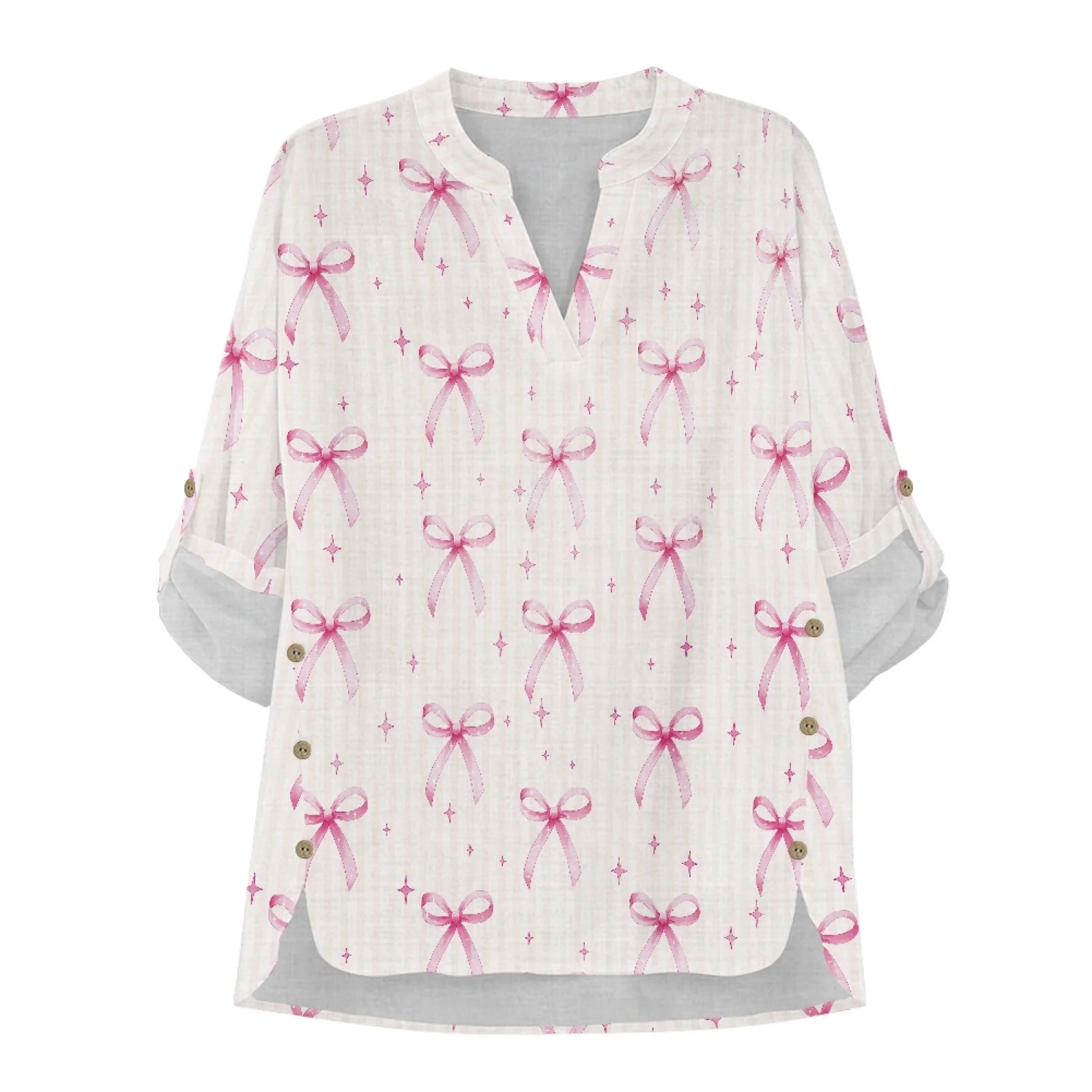 PENSTROLL Pink Bow Tie Stars Linen Like Casual Blouses Roll up Women's Long Sleeve Tops for Workout Sizes S-5XL view 4