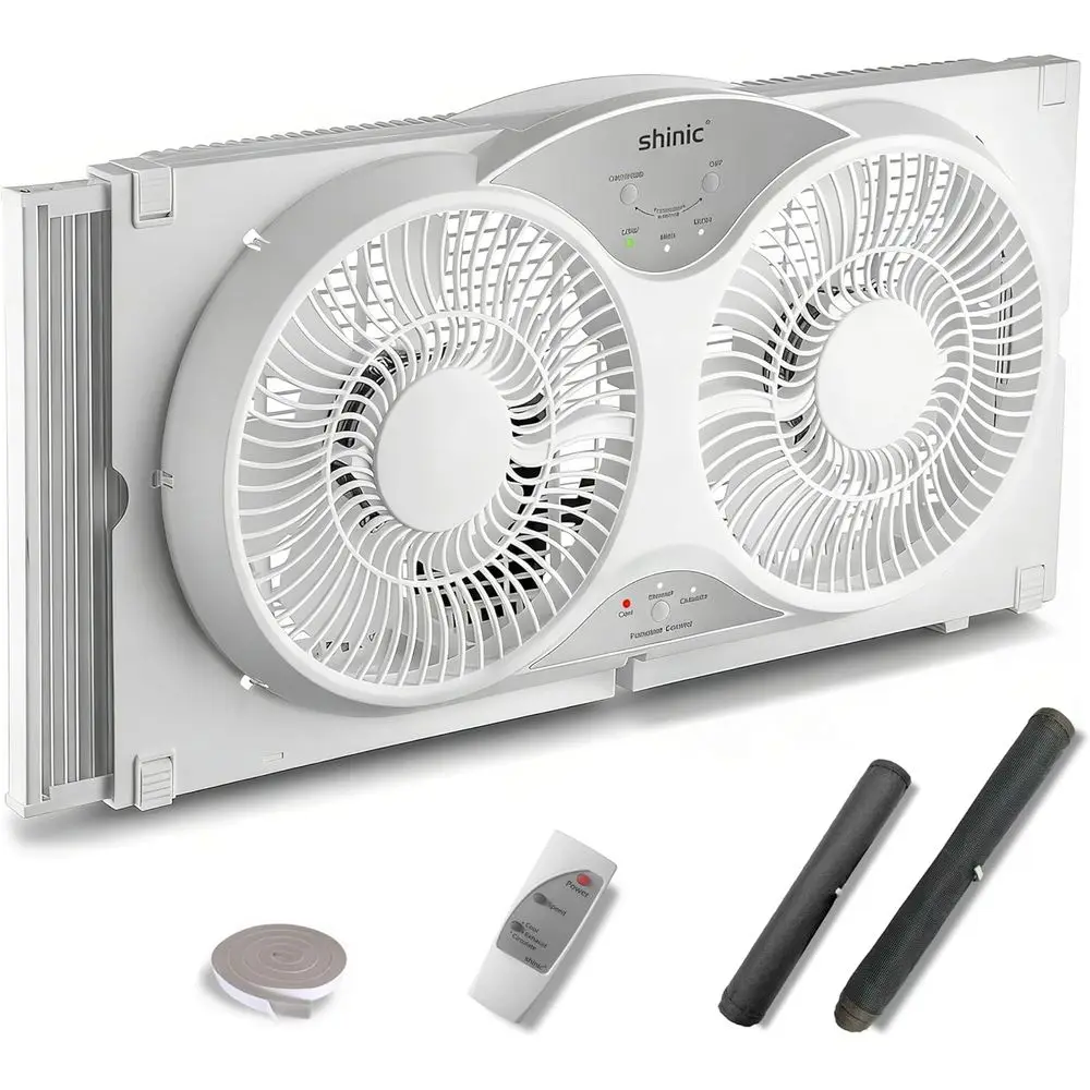 

9 Twin Window Fan with Remote, Reversible Airflow, 3-Speed Settings, Expandable from 24 to 37, White, ETL Certified