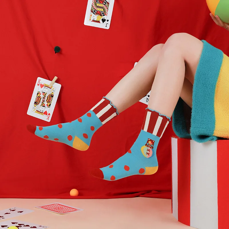 DAMAHOOV Autumn/Winter New Circus Series Cute Cartoon  Polka Dot Stripe Retro Mid length Socks