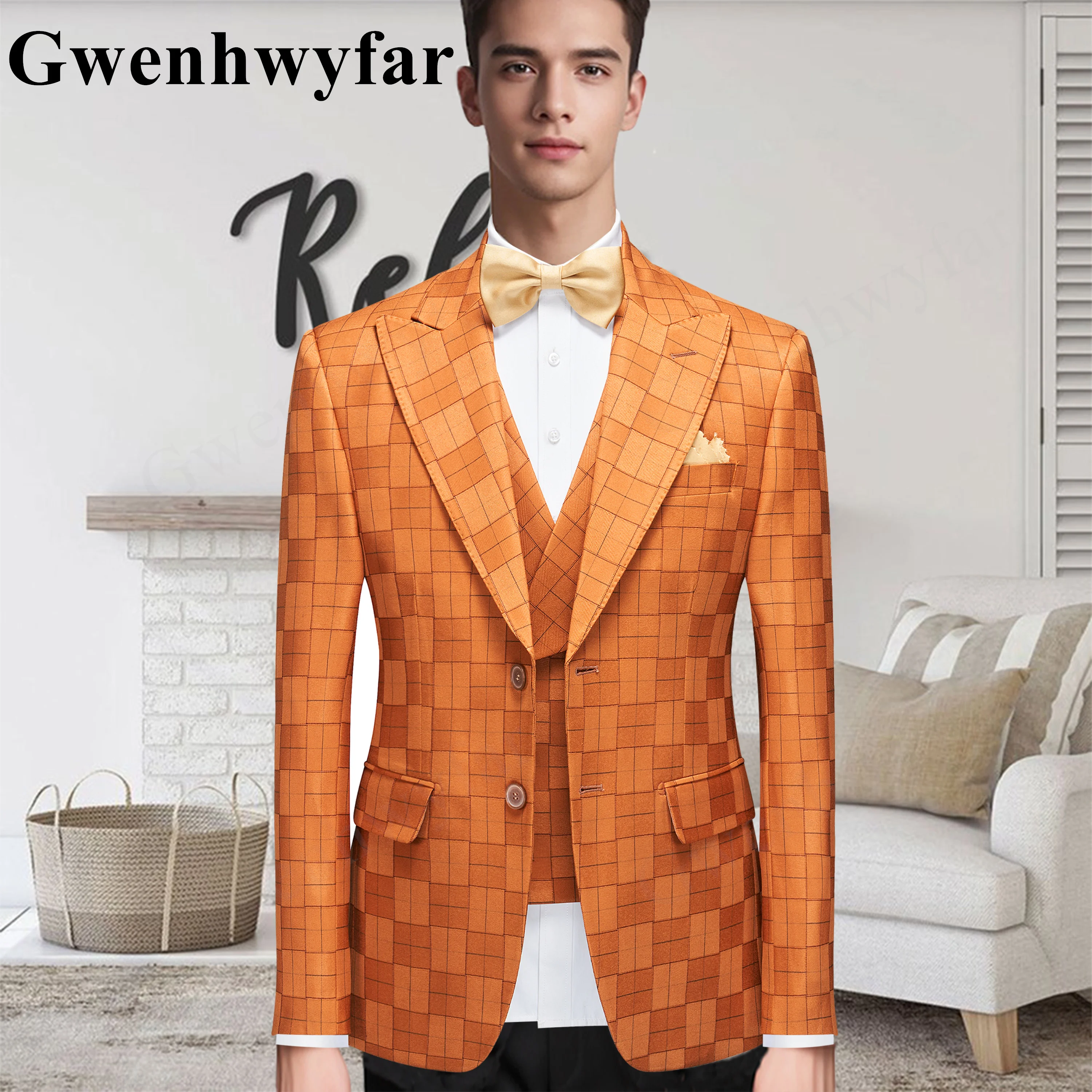 

Gwenhwyfar Men Suits Orange Plaid Pattern 2025 Spring New Peaked Lapel Two Buttons Blazer Double Breasted Vest Black Pants