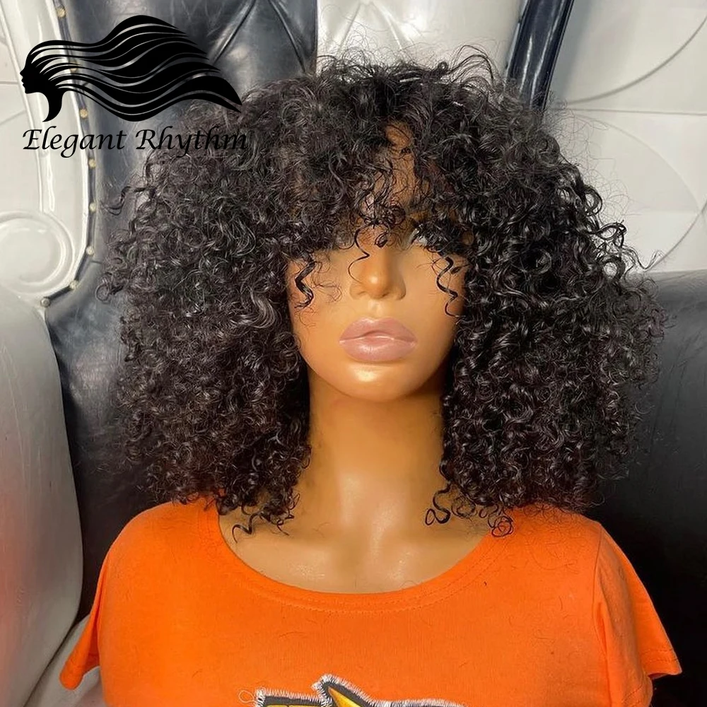 

Natural Black Glueless Curly Wigs with Bangs 180% Density Water Wave Wet and Wavy Human Hair Wig with Bangs for Black Women