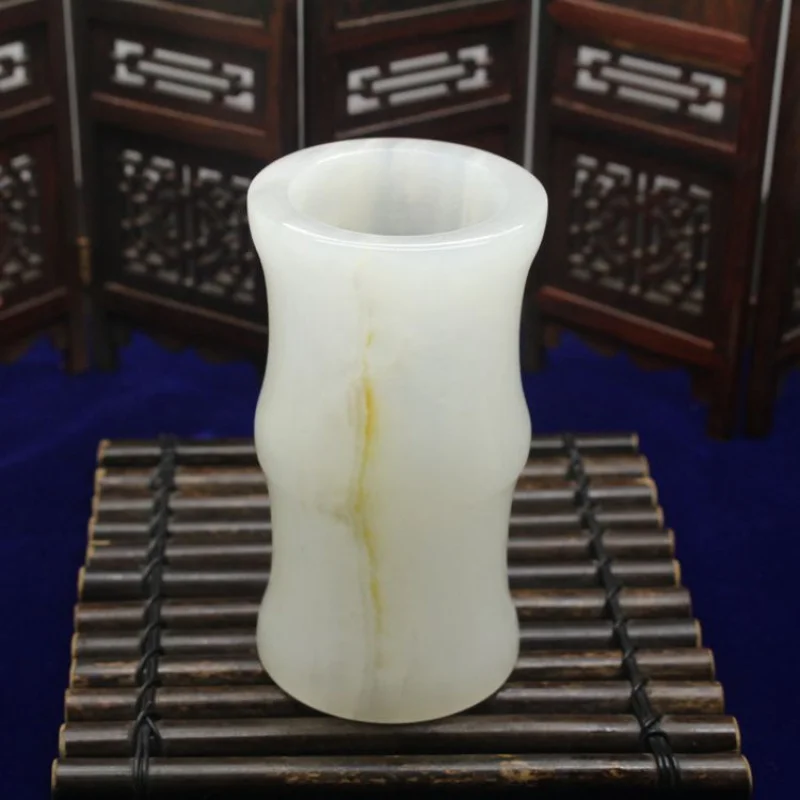 Natural Authentic Afghan White Jade and Jade Pen Holder, High-Rise, One World Pen Holder, Office Decoration