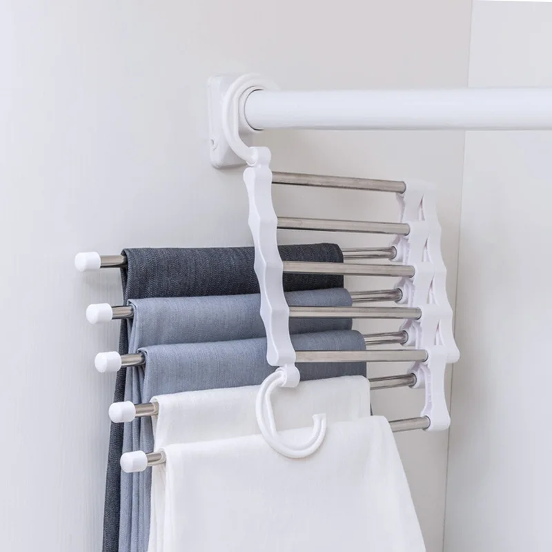 5-in-1 Multi-Function Magic Pants Hanger Stainless Steel Foldable Extendible Closet Organizer Multi-Layer Storage Rack Trousers