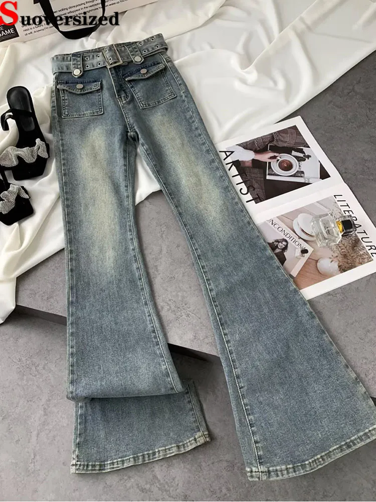

Belt Fashion Streetwear Jeans Vintage Women's High Waisted Flared Denim Pants Slim Fit Elastic Loose Washed Retro Vaqueros