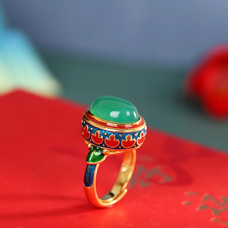 Original ancient gold craftsmanship natural carnelian rings for women flower enamel national style light luxury Wedding jewelry