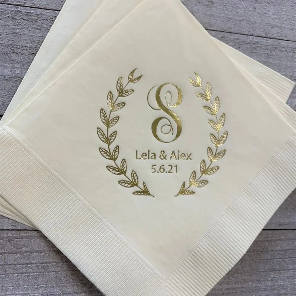 

50pcs Personalized Wedding Napkins Custom Monogram Rustic Flowers Laurel Wreath Lots of Napkin Colors and Print Colors