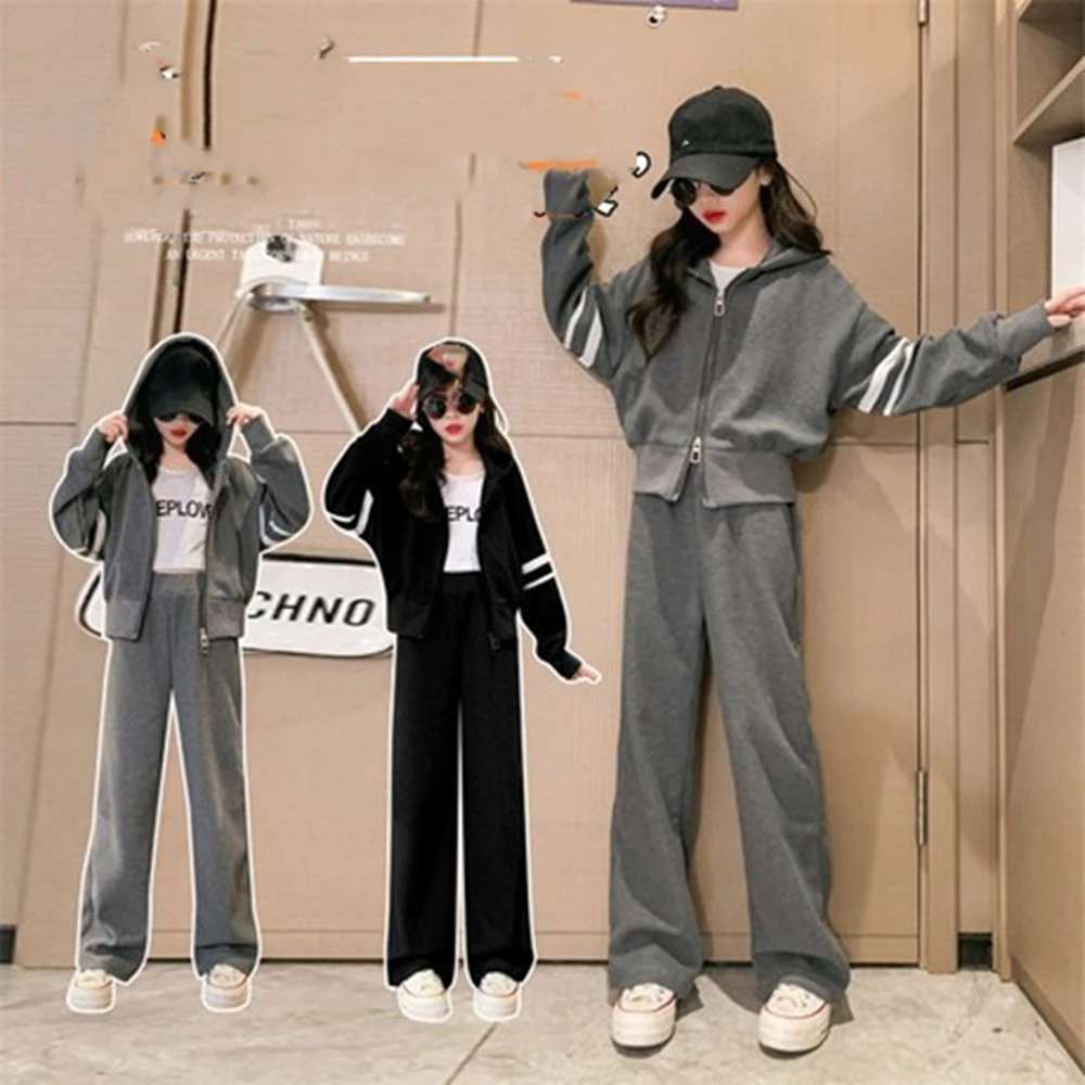 New Winter Autumn Teenager Girl Children Set Kids Clothes Crop Top Hooded + Black Straight Pants 4 6 7 8 9 10 11 12 14 Year