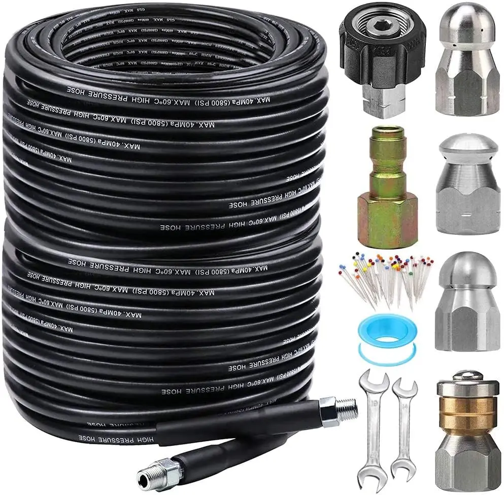 

200FT Sewer Jetter Kit for Pressure Washer, Newest 5800PSI Drain Cleaner Hose 1/4 Inch NPT Corner, Rotating and Button Hose Sewe