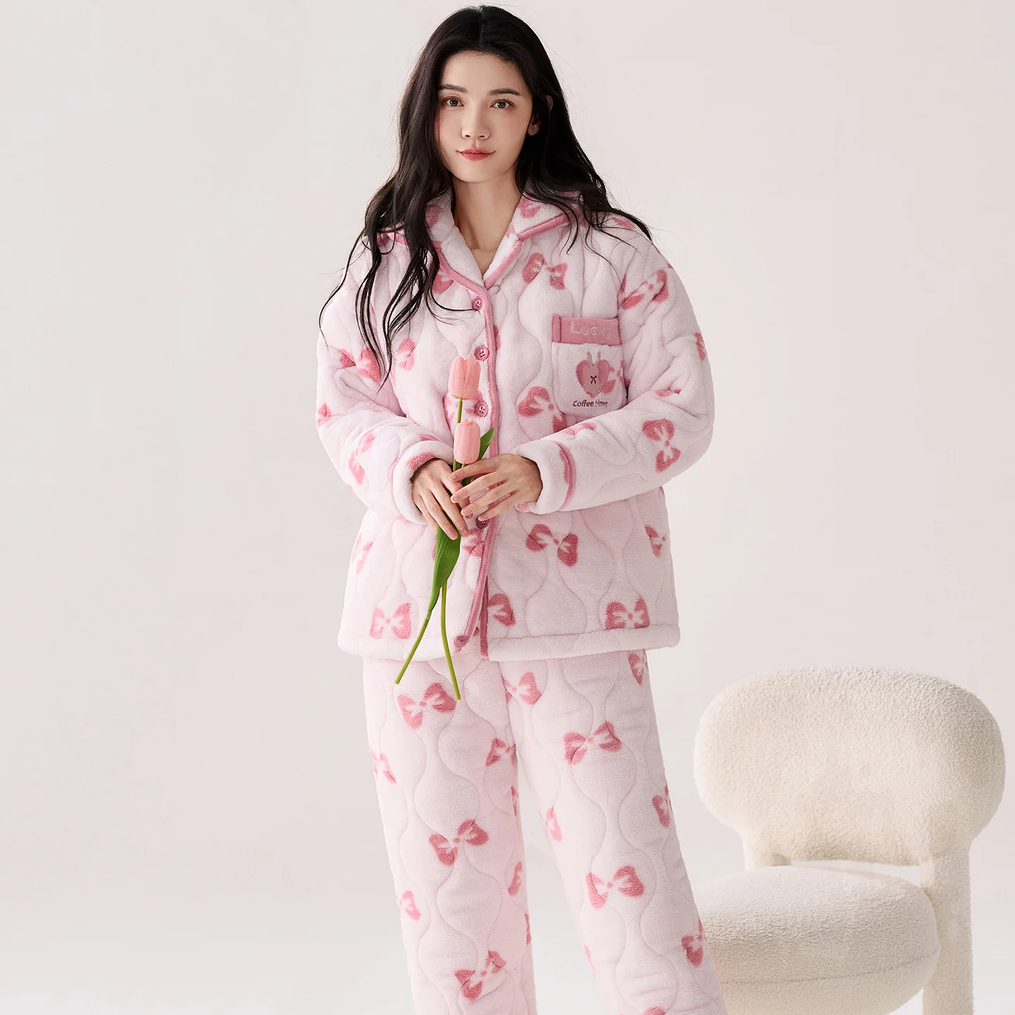 

High Quality Winter Women Pajamas Set 3 Layer Clip Cotton Pijama Female Thick Turn-down Collar Sleepwear