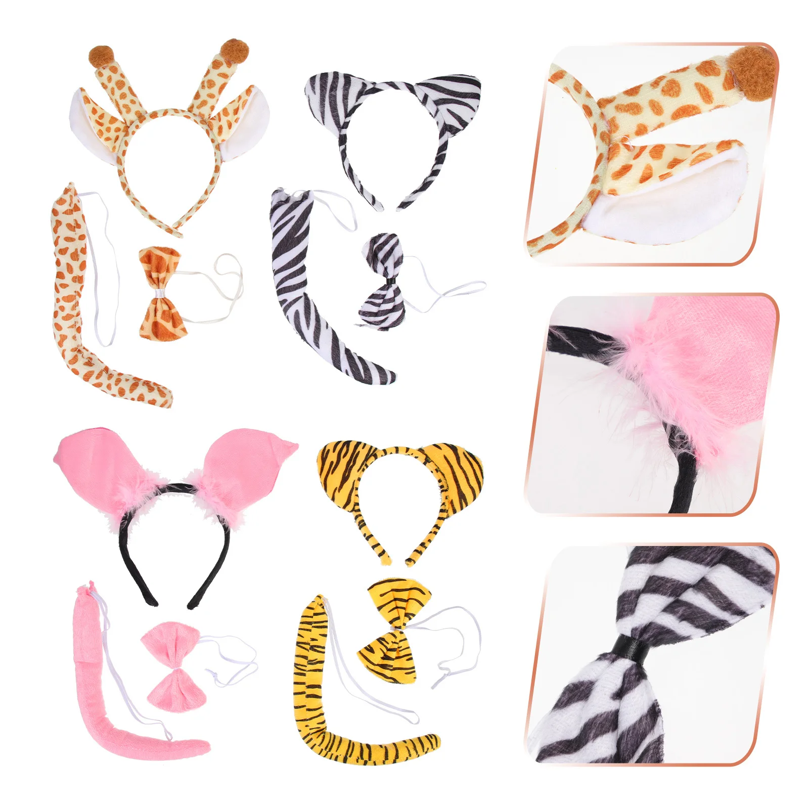 

4 комплекта, повязка на голову с ушками животных, галстук-бабочка, хвост, аксессуары для костюмов для косплея, тигр, жираф, свинья, зебра, фестиваль, товары для вечеринок