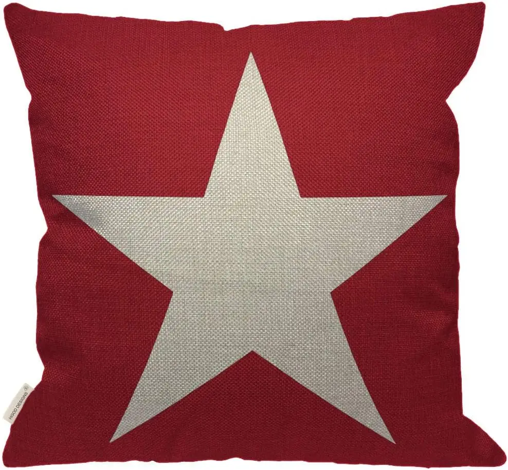 Red Star Pillowcase, Vintage Geometric Cushion Cover, Rustic Farmhouse Home Decor, Classic Five Pointed Star Living Room Gift