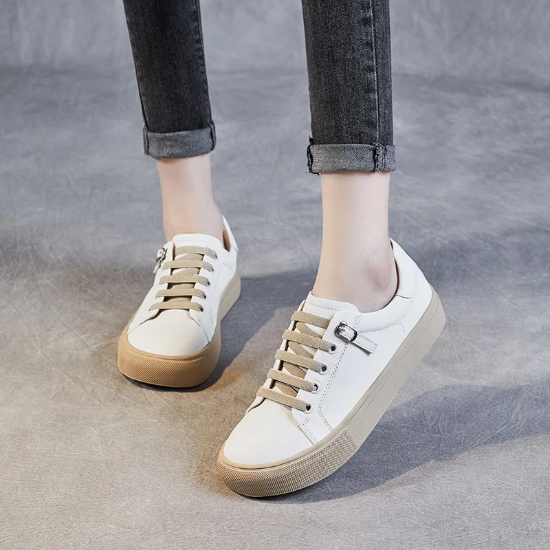 DRKANOL Concise Flat Shoes Women 2024 Spring Shallow Genuine Cow Leather Comfort Casual Sneakers Women Elastic Band Board Shoes